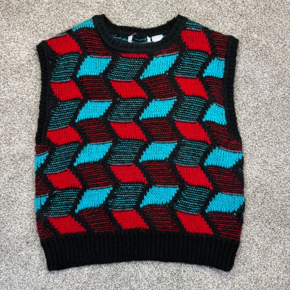 Vintage Geometric 3D Cube Knit‎ Sweater Vest Red Blue Black Mens Medium